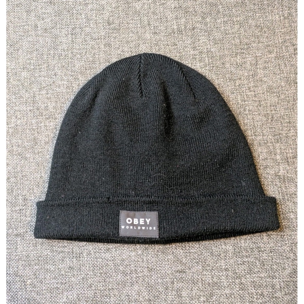 Obey Worldwide Beanie Hat One Size Black Cuffed Knit Skull Cap Streetwear Y2K